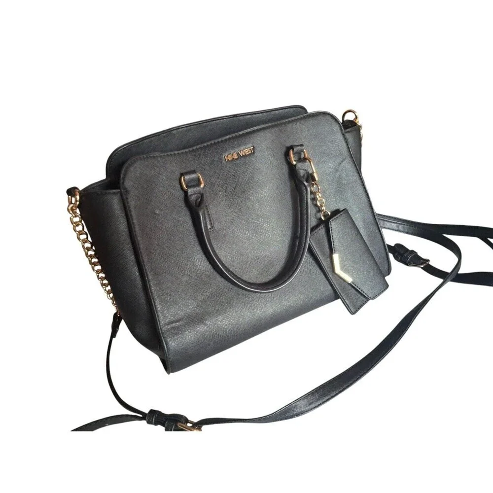 NINE WEST Women's Black Tote Bag Purse And Credit Card Holder Set